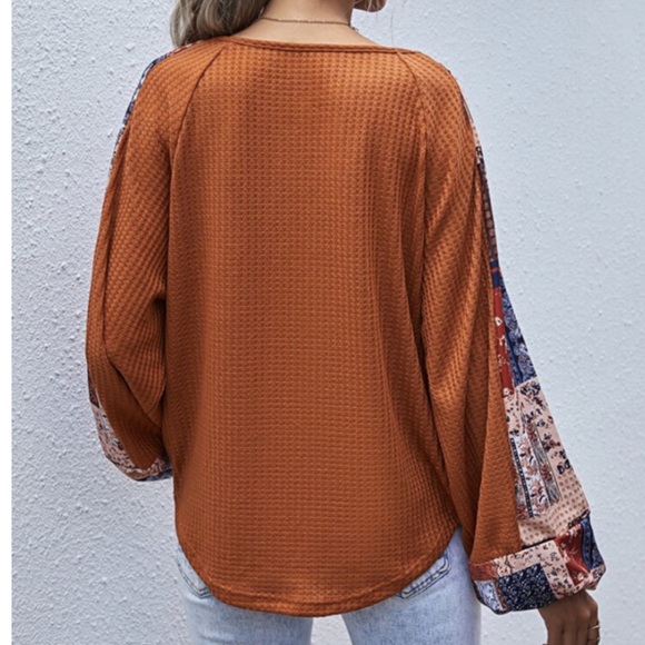 CLEARANCE Orange Fall Vibes Patchwork Waffle Long Sleeve Tee - Picture 3 of 8